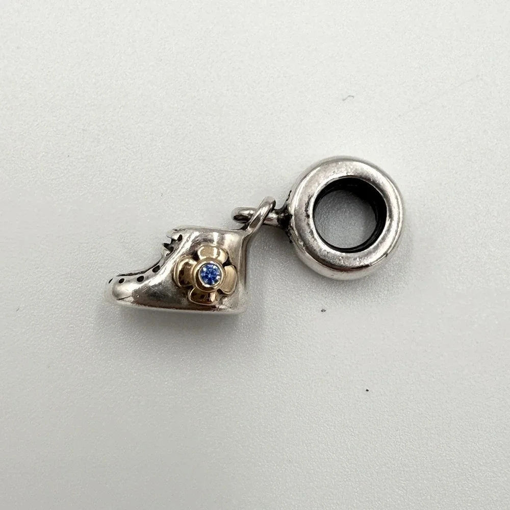 Pandora Sterling Silver Two Tone Baby Boy Bootie Shoe Dangle Bead Charm - Picture 1 of 6